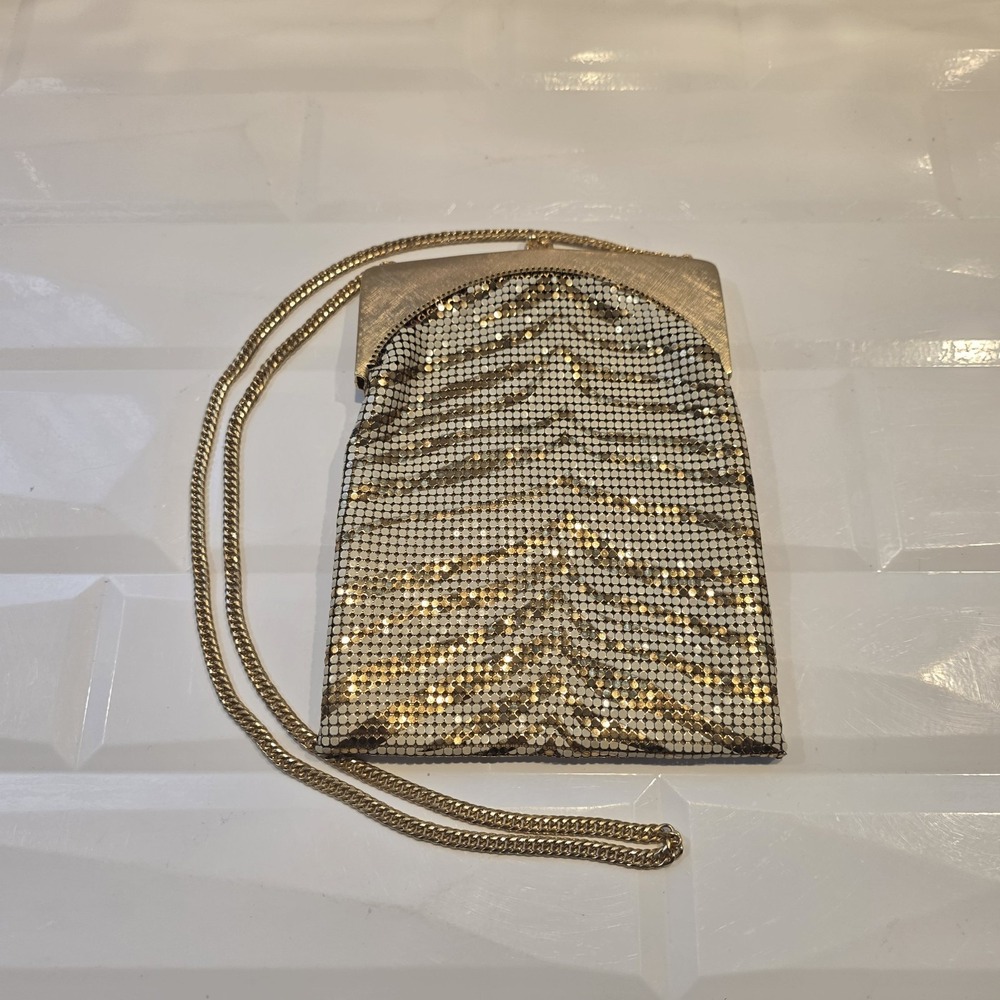 Vintage Whiting & Davis Zebra Mesh Purse Gold White Evening Bag